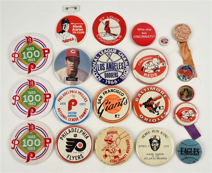 LOT OF 21: SPORTS PINS & PATCHES. 