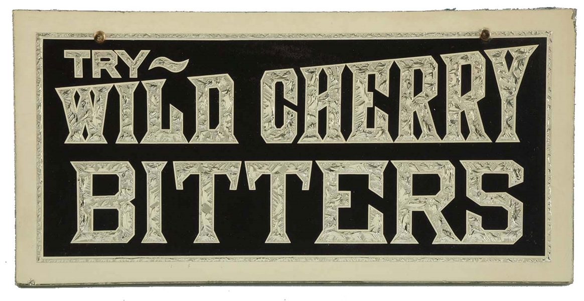 WILD CHERRY BITTERS CHIPPED GLASS SIGN.