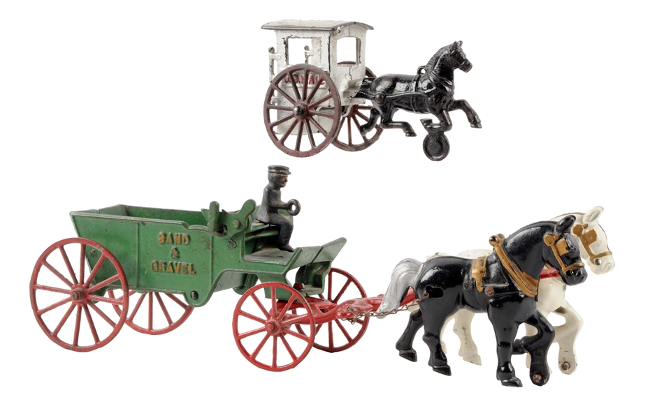 LOT OF 2: CAST IRON HORSE-DRAWN WAGONS. 