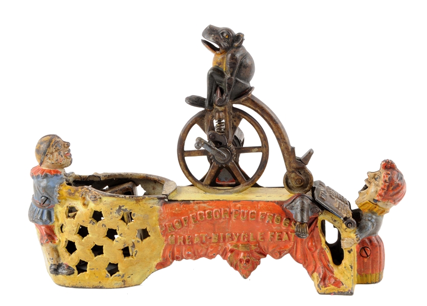 J. & E. STEVENS PROFESSOR PUG FROGS GREAT BICYCLE FEAT CAST IRON MECHANICAL BANK. 