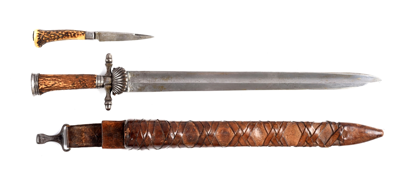 STEEL MOUNTED GERMAN HIRSCHFÄNGER HUNTING SWORD & KNIFE WITH SCABBARD.
