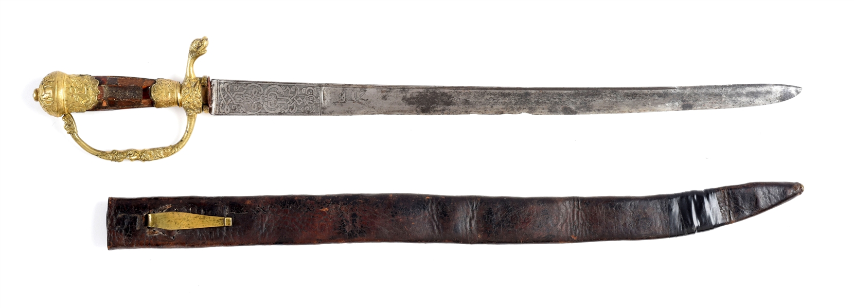 TORTOISE SHELL GRIPPED GERMAN HIRSCHFÄNGER HUNTING SWORD WITH SCABBARD.