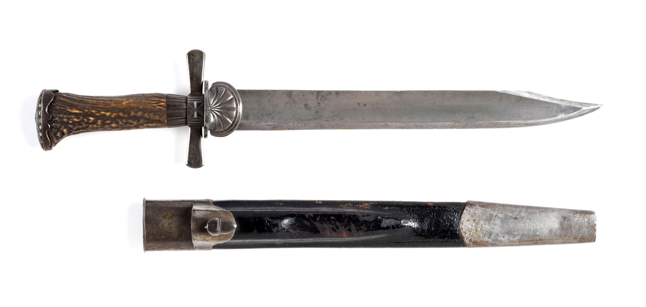 STEEL MOUNTED GERMAN HIRSCHFÄNGER HUNTING SWORD WITH SCABBARD.