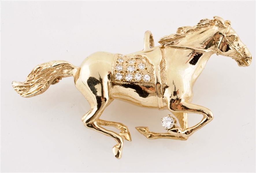 SOLID 14K YELLOW GOLD HORSE PIN WITH DIAMOND SET SADDLE