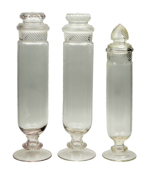 LOT OF 3: COLUMBIA SAMPLE TUBE CANDY JARS WITH LIDS.