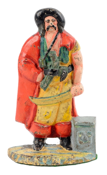 CAST IRON PIRATE BY TREASURE CHEST DOORSTOP.