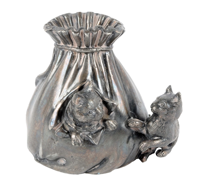CATS WITH MONEY BAG SILVERED CAST METAL STILL BANK. 
