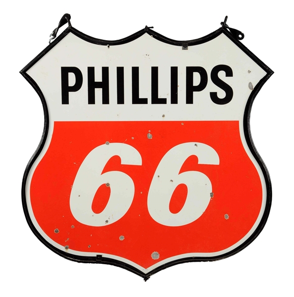 PHILLIPS 66 (RED & WHITE) SHIELD SHAPED PORCELAIN SIGN.