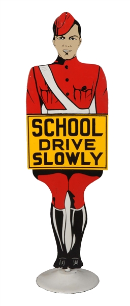 "SCHOOL DRIVE SLOWLY" CROSSING GUARD DIECUT METAL CURB SIGN.