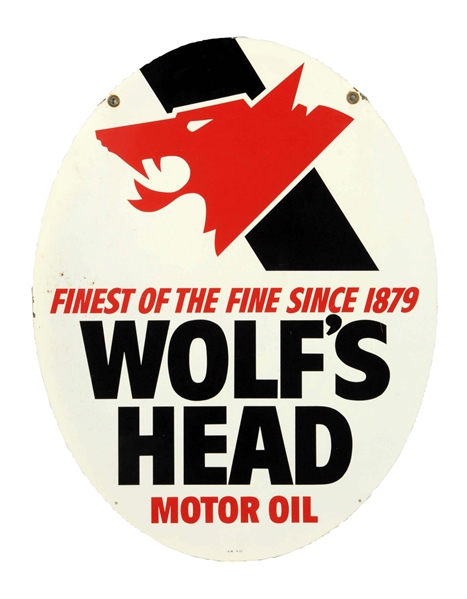 WOLFS HEAD MOTOR OIL W/ LOGO OVAL METAL SIGN.