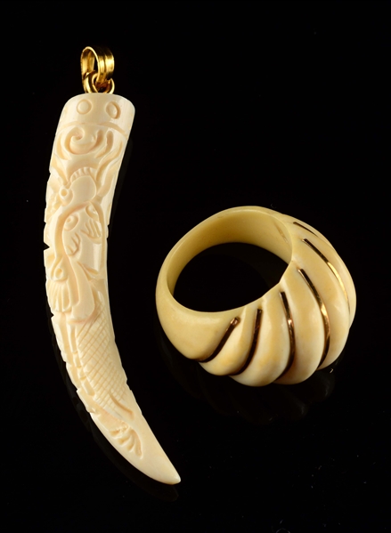 LOT OF 2: IVORY RING & CARVED DRAGON MOTIF PENDANT.