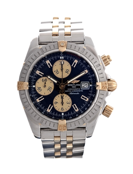 BREITLING STAINLESS STEEL AND 18K YELLOW GOLD CHRONOMAT EVOLUTION MENS REFERENCE B13356.
