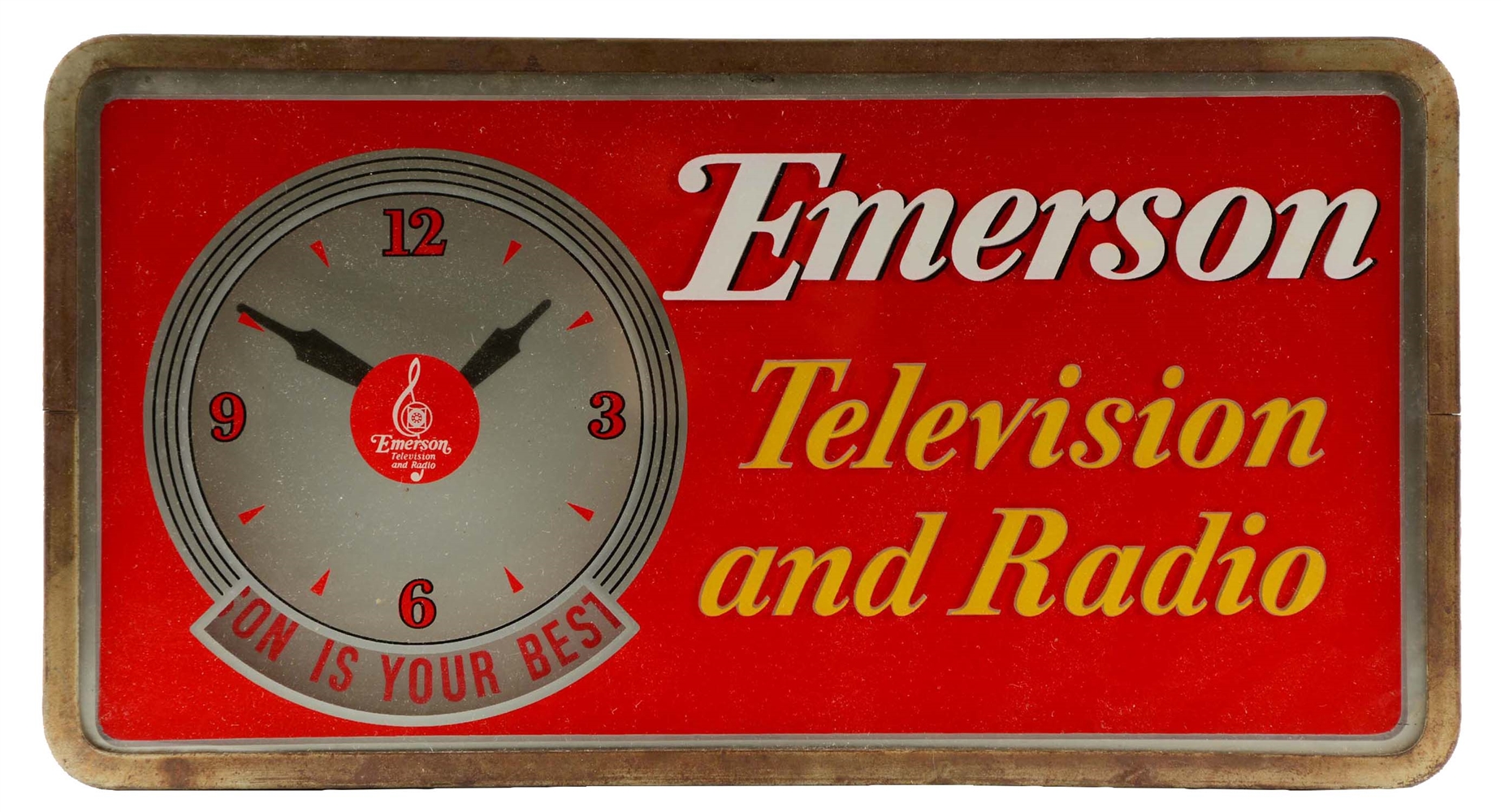 EMERSON TELEVISON & RADIO REVERSE GLASS CLOCK SIGN.