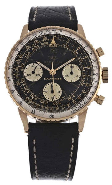 BREITLING GENEVE 18K YELLOW GOLD NAVITIMER REFERENCE 806 BLACK DIAL STRAP CHRONOGRAPH WATCH.