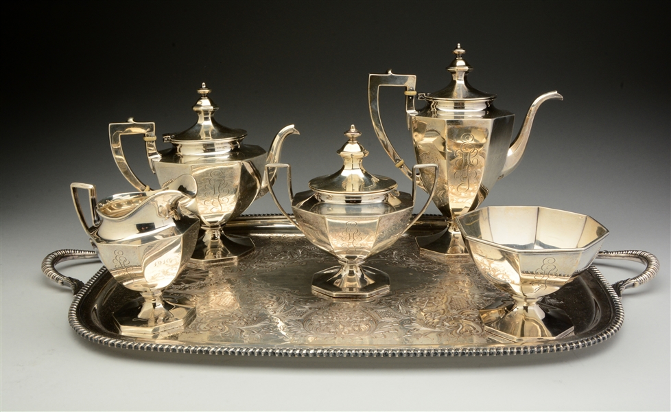 STERLING SILVER TEA SET WITH TRAY. 