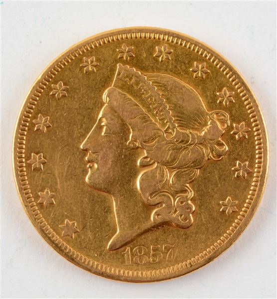 1857 $20 GOLD LIBERTY DOUBLE EAGLE.