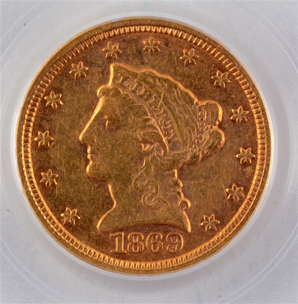 1869 S $2 - 1/2 GOLD COIN.