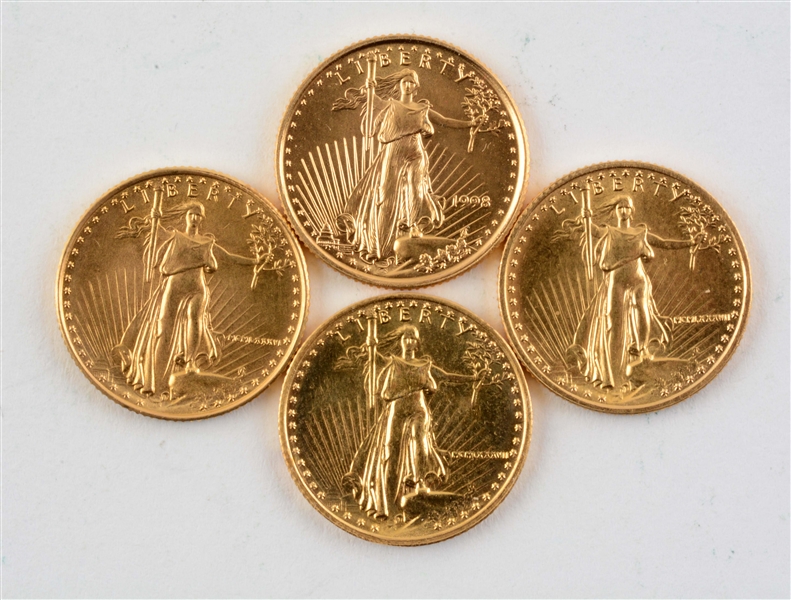 LOT OF 4: $5 GOLD AMERICAN EAGLE 1/10 OZ COINS.