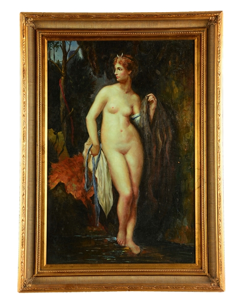 OIL ON CANVAS PORTRAIT OF STANDING NUDE WOMAN.