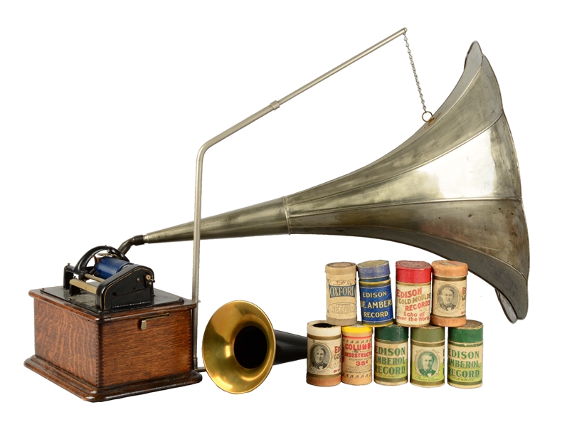  THOMAS EDISON STANDARD PHONOGRAPH WITH HORNS AND CYLINDER RECORDS.