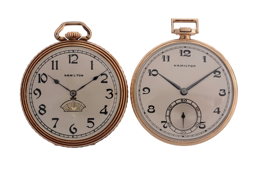 LOT OF 2: HAMILTON 14K GOLD FILLED POCKET WATCHES.