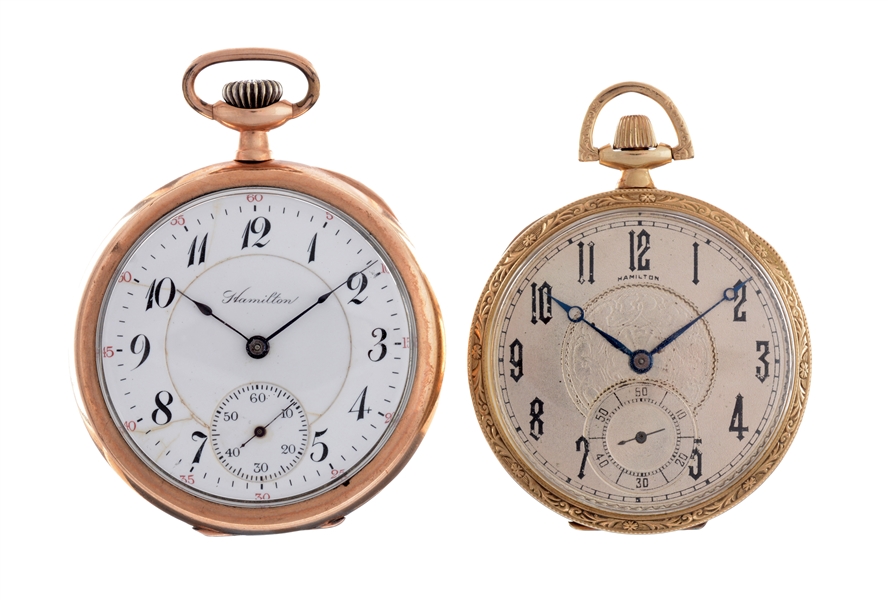 LOT OF 2: HAMILTON YELLOW GOLD FILLED POCKET WATCHES.