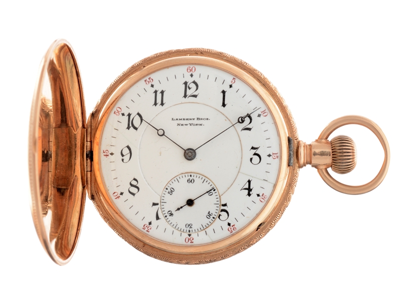 ILLINOIS 14K ROSE GOLD MODEL 4 POCKET WATCH WITH BOX.