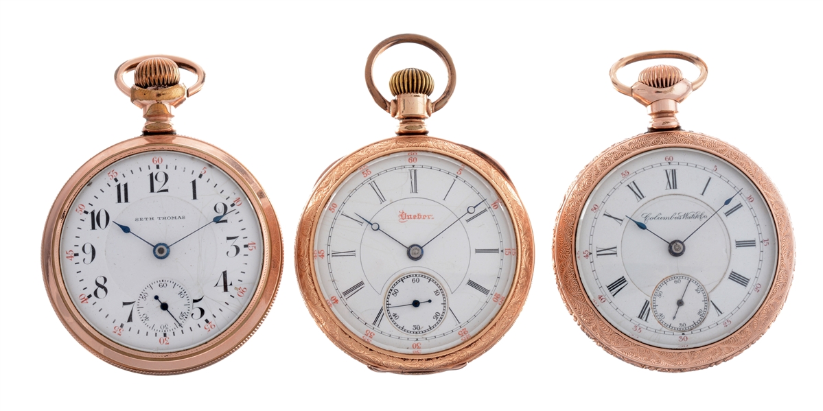 LOT OF 3: YELLOW GOLD FILLED POCKET WATCHES.