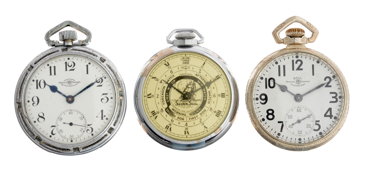 LOT OF 3: TWO BALL POCKET WATCHES & INGRAHAM BRISTAL SAILORS WATCH.