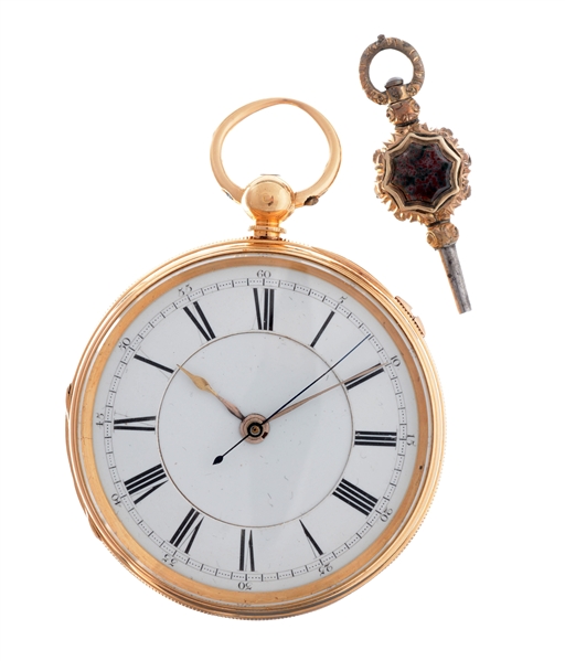 UNMARKED LONDON FUSSE CENTER SECONDS 18K YELLOW GOLD POCKET WATCH.