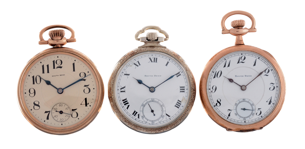 LOT OF 3: SOUTH BEND POCKET WATCHES.