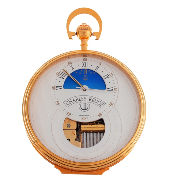 RARE CHARLES REUGE MUSICAL YELLOW GOLD PLATED POCKET WATCH.