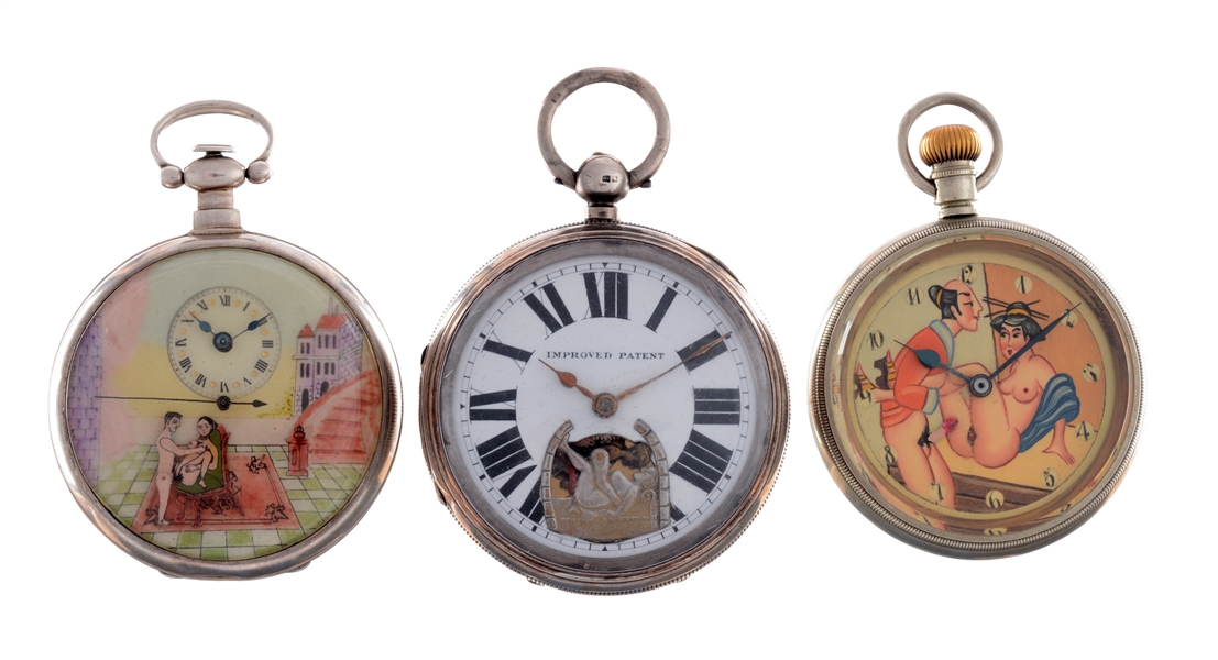 LOT OF 3: EROTICA POCKET WATCHES.