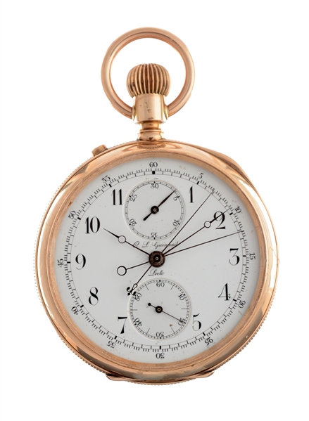 C.L. GUINAND 14K YELLOW GOLD SPLIT SECOND CHRONOGRAPH POCKET WATCH.