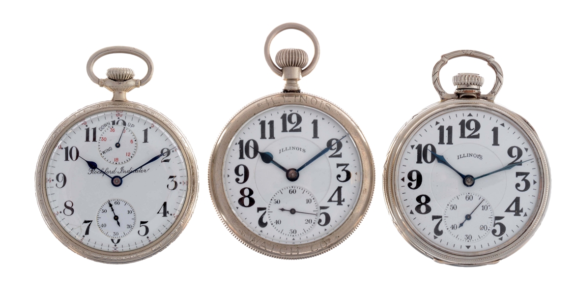 LOT OF 3: TWO ILLINOIS & ROCKFORD INDICATOR POCKET WATCHES.