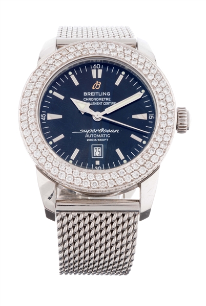 BREITLING STAINLESS STEEL SUPEROCEAN WITH AFTERMARKET DIAMOND BEZEL MENS REFERENCE A17320