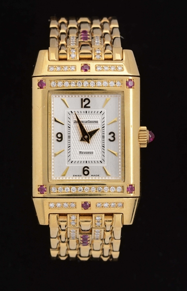 JAEGER LECOULTRE 18K YELLOW GOLD REVERSO LADIES DIAMOND AND RUBY SET CASE SERIAL 1829825