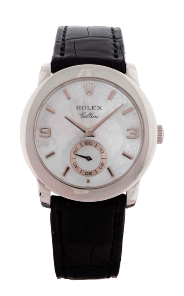 ROLEX PLATINUM CELLINI WITH MOTHER OF PEARL DIAL ON STRAP REF. 5240 SERIAL NUMBER K682XXX