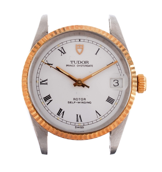 TUDOR STAINLESS STEEL WITH 14K YELLOW GOLD BEZEL PRINCE OYSTERDATE ROTOR SELF-WINDING LADIES REFERENCE 72033 CASE SERIAL 264138 (HEAD ONLY)