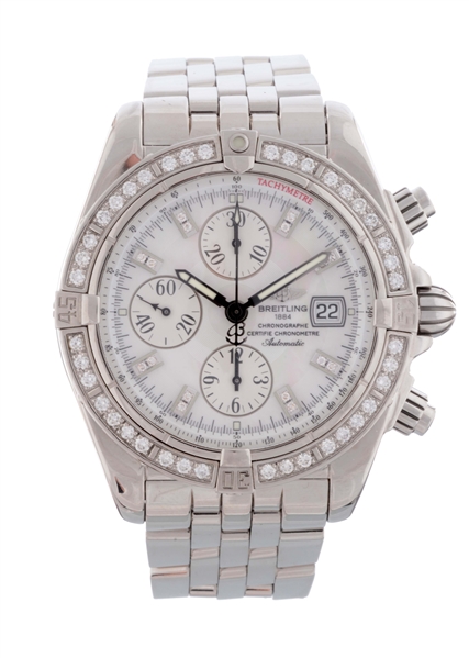 BREITLING STAINLESS STEEL CHRONOMAT EVOLUTION MOTHER OF PEARL DIAMOND DIAL FACTORY DIAMOND BEZEL MENS REFERENCE A13356 CASE SERIAL 2170356