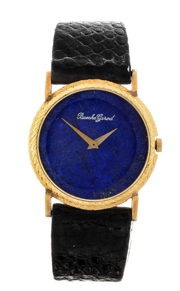 BUECHE GIROD 18K YELLOW GOLD BLUE LAPIS DIAL STRAP WATCH LADIES REFERENCE 9810