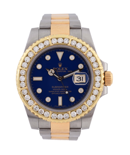 ROLEX STAINLESS STEEL AND 18K YELLOW GOLD TWO TONE BLUE DIAL SUBMARINER MENS REFERENCE 116613 CASE SERIAL G196XXX