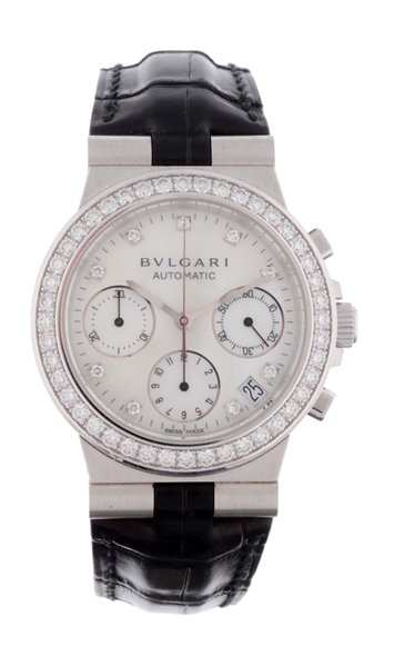BVLGARI 18K WHITE GOLD MOTHER OF PEARL DIAMOND SET DIAL AND BEZEL DIAGONO CHRONOGRAPH UNI-SEX REFERENCE CHW 35 G CASE SERIAL L 132