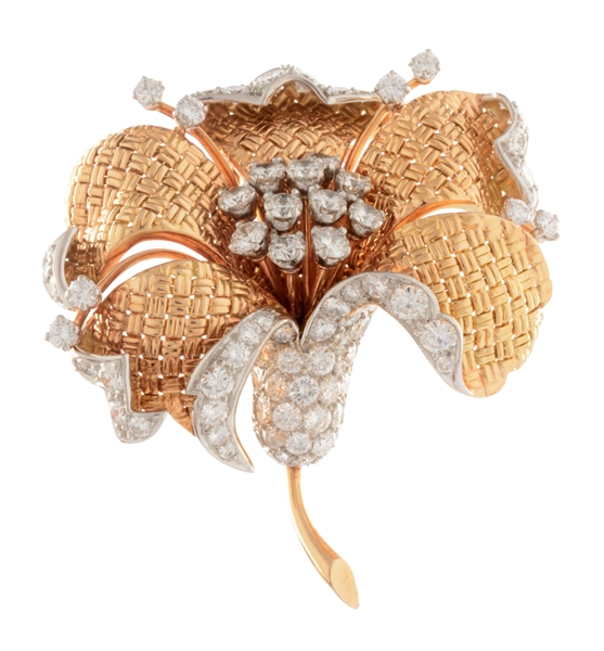 TWO TONED 18K GOLD & DIAMOND FRENCH FLOWER BROOCH. 