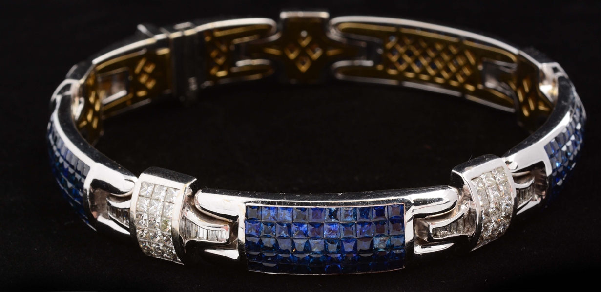 EXQUISITELY HAND CRAFTED INVISIBLE SET SAPPHIRE & DIAMOND TWO TONE BRACELET. 