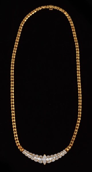 18K YELLOW GOLD, MARQUISE & BAGUETTE DIAMOND NECKLACE.