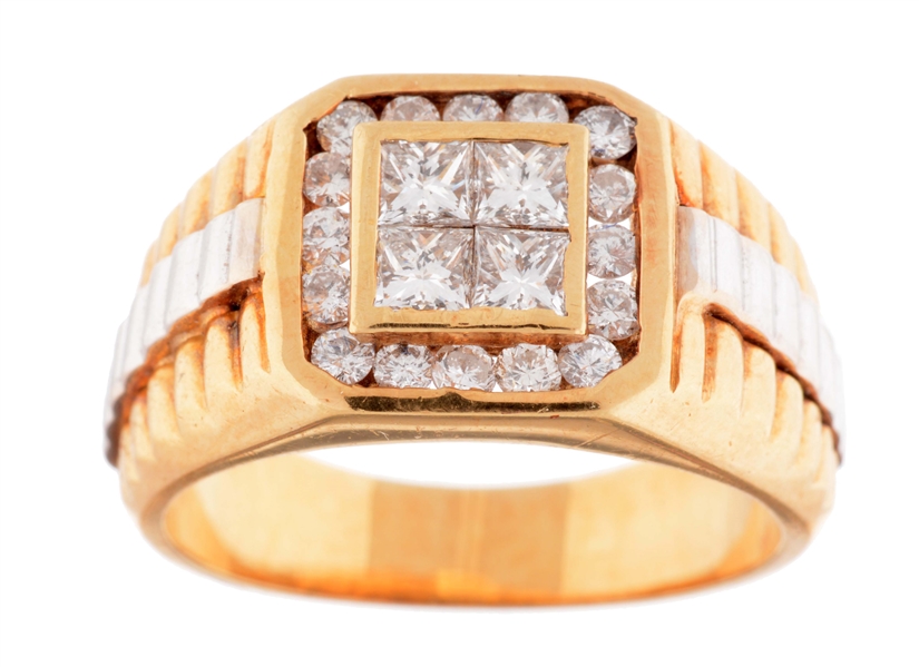 GENTLEMANS 18K GOLD TWO TONED DIAMOND RING.