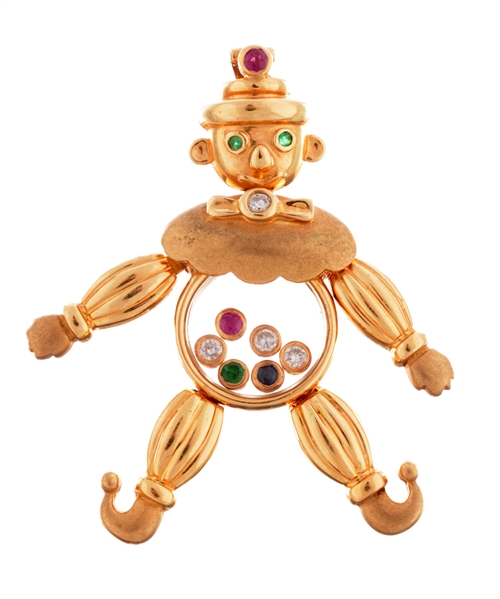 18K YELLOW GOLD CLOWN PENDANT W/ SEMIPRECIOUS STONES IN HIS BELLY.