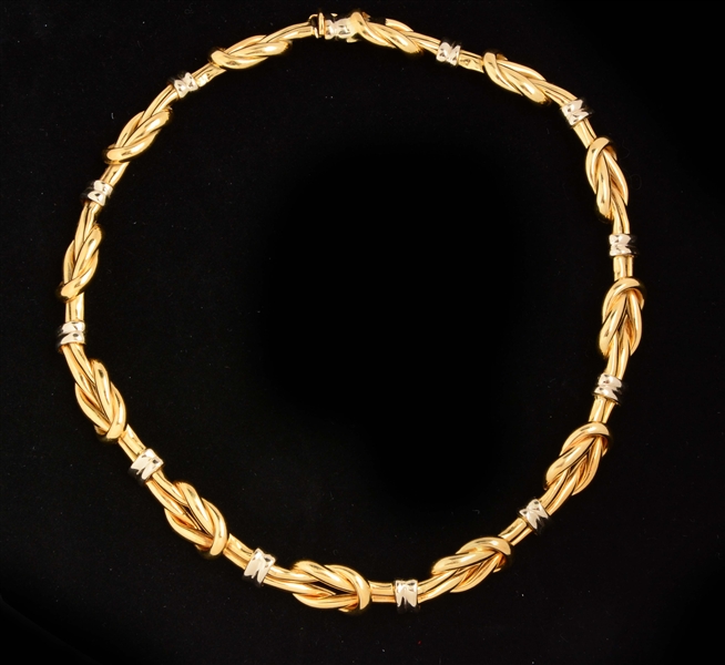 18K WHITE & YELLOW GOLD NAUTICAL LOVE NOTE LINK CHOKER NECKLACE.