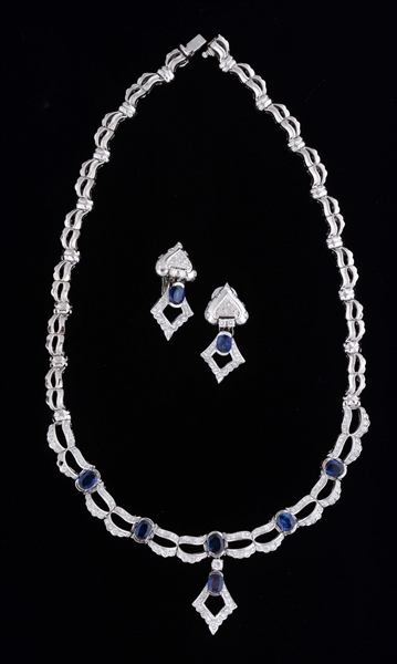 LOT OF 2: 18K WHITE GOLD, DIAMOND & SAPPHIRE NECKLACE W/ MATCHING EARRINGS.